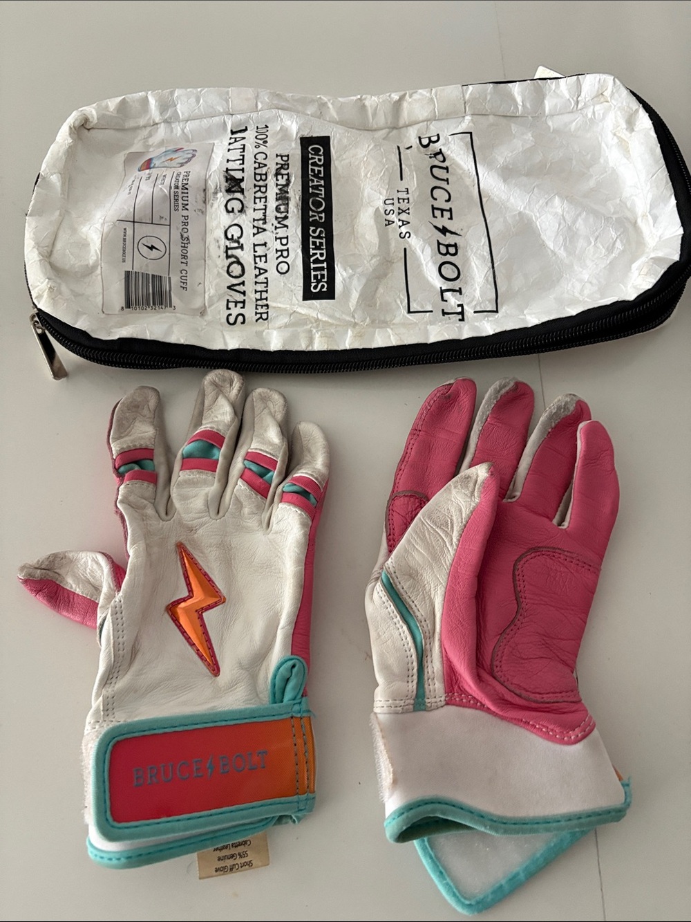 Bruce Bolt Kids Pink & White Leather Batting gloves
